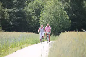 Zwei Radfahrer auf einem Weg durch hohes Gras und Bäume, mit Fahrrädern nebeneinander.