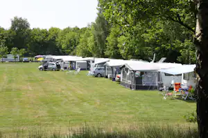 Campingplatz mit Wohnmobilen und Zelten auf einer grünen Wiese, daneben Stühle und Markisen, im Hintergrund Bäume.