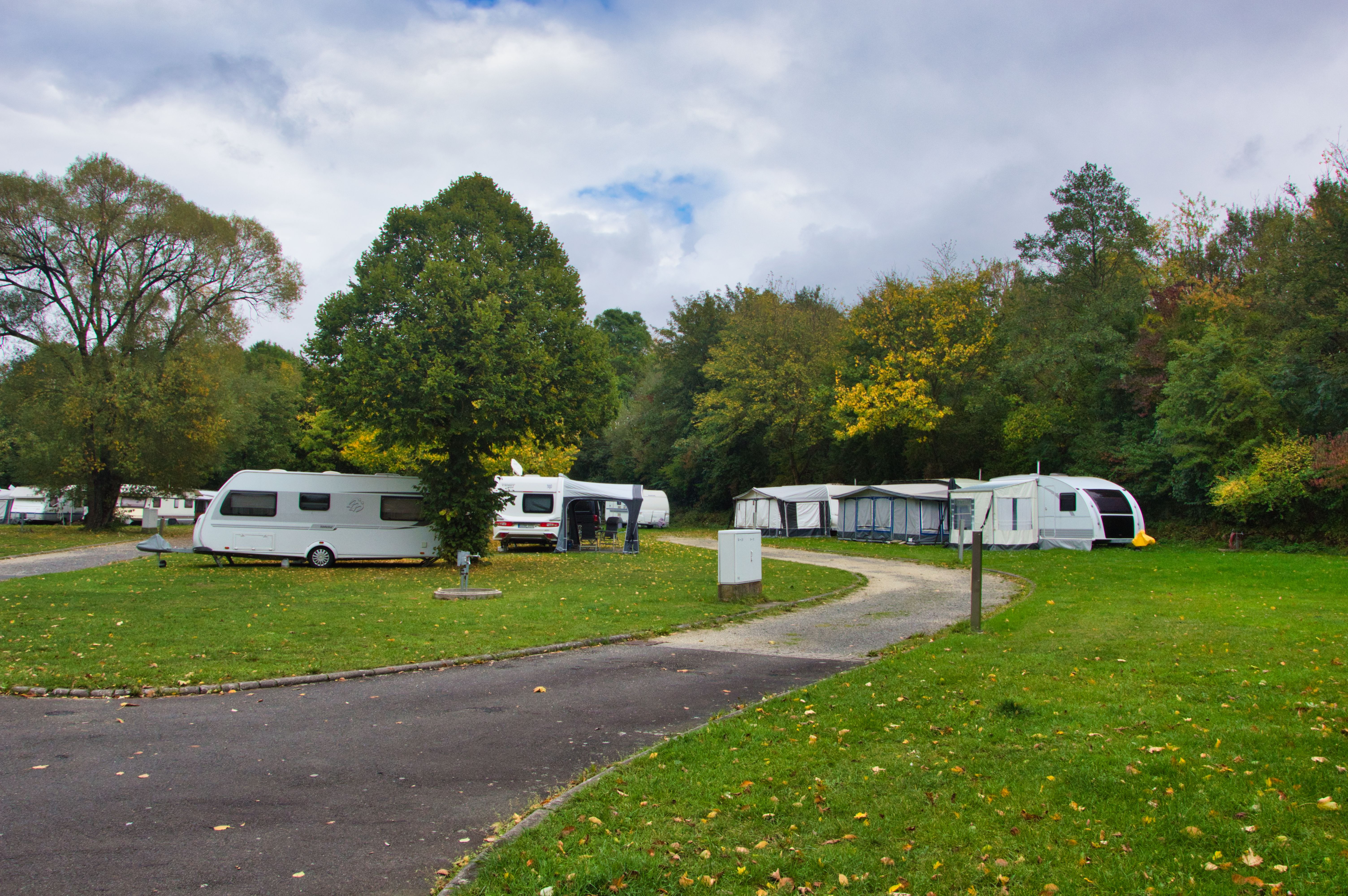 Wohnwagen auf einer grünen Campingwiese, dazwischen ein Weg und Hecken, im Hintergrund Bäume.