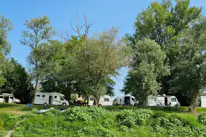Wohnmobile auf einem Campingplatz im Grünen, umgeben von Bäumen und gepflegten Rasenflächen unter blauem Himmel.