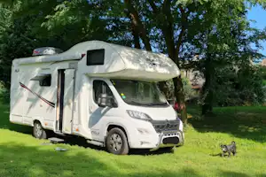 Weißes Wohnmobil mit ausgeklappter Tür auf grünem Gras, umgeben von Bäumen auf dem Campingplatz.