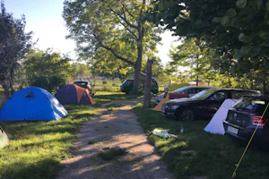 River Camping Prague - Wohnwagen- und Zeltstellplatz vom Campingplatz im Schatten unter Bäumen
