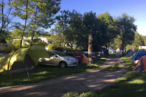 Campingplatz mit grünen Zelten, geparkten Autos und Wohnwagen, umgeben von Bäumen und einem Weg im Schatten.