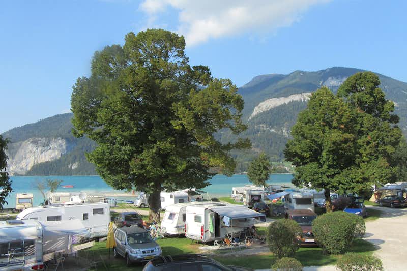 Romantik-Camping Wolfgangsee Lindenstrand  -  Wohnwagen- und Zeltstellplatz auf grüner Wiese am Wolfgangsee