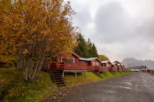 Reihe von roten Holzhäusern auf einem Campingplatz am Hang, mit Treppen, Straße und bunten Bäumen im Herbst.