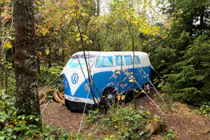 Blauer VW-Bus mit Campingzelt im Wald, umgeben von Bäumen und Laub, am Boden ein Zeltgestänge.