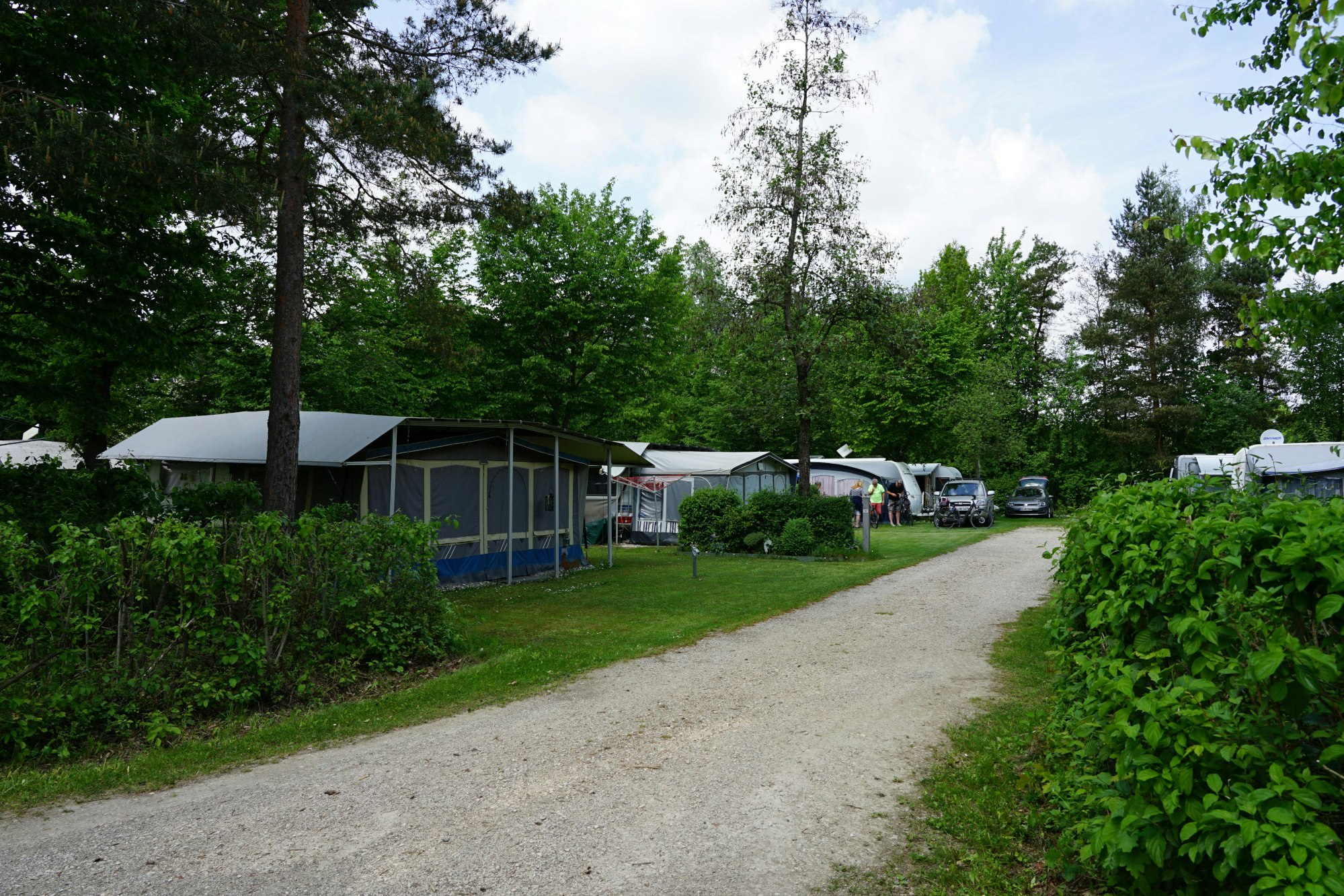 Campingplatzweg mit Wohnwagen und Zelten, Hecken und Bäumen, daneben ein Gebäude mit Markise.