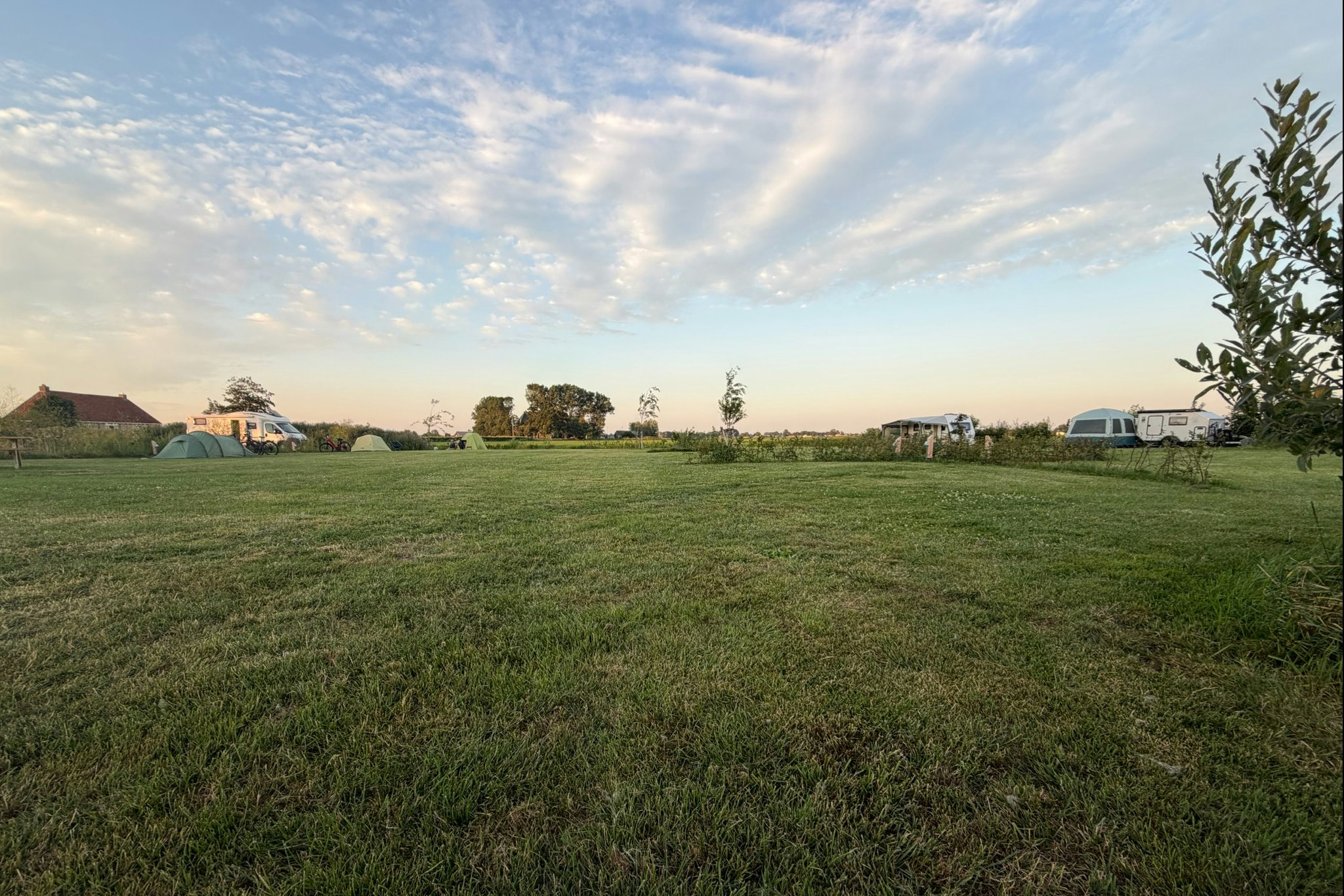 Weite Wiese auf einem Campingplatz mit Wohnwagen und Zelten in der Ferne, Bäume und ein Weg am Rand.