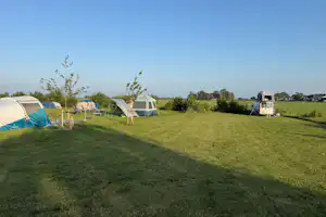 Campingplatz mit mehreren Zelten und Wohnmobilen auf einer grünen Wiese, Bäume und ein Weg im Hintergrund.