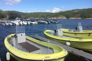 Grünes Boot am Steg, daneben weitere Boote im Wasser, im Hintergrund Ufer mit Bäumen und Hügeln.