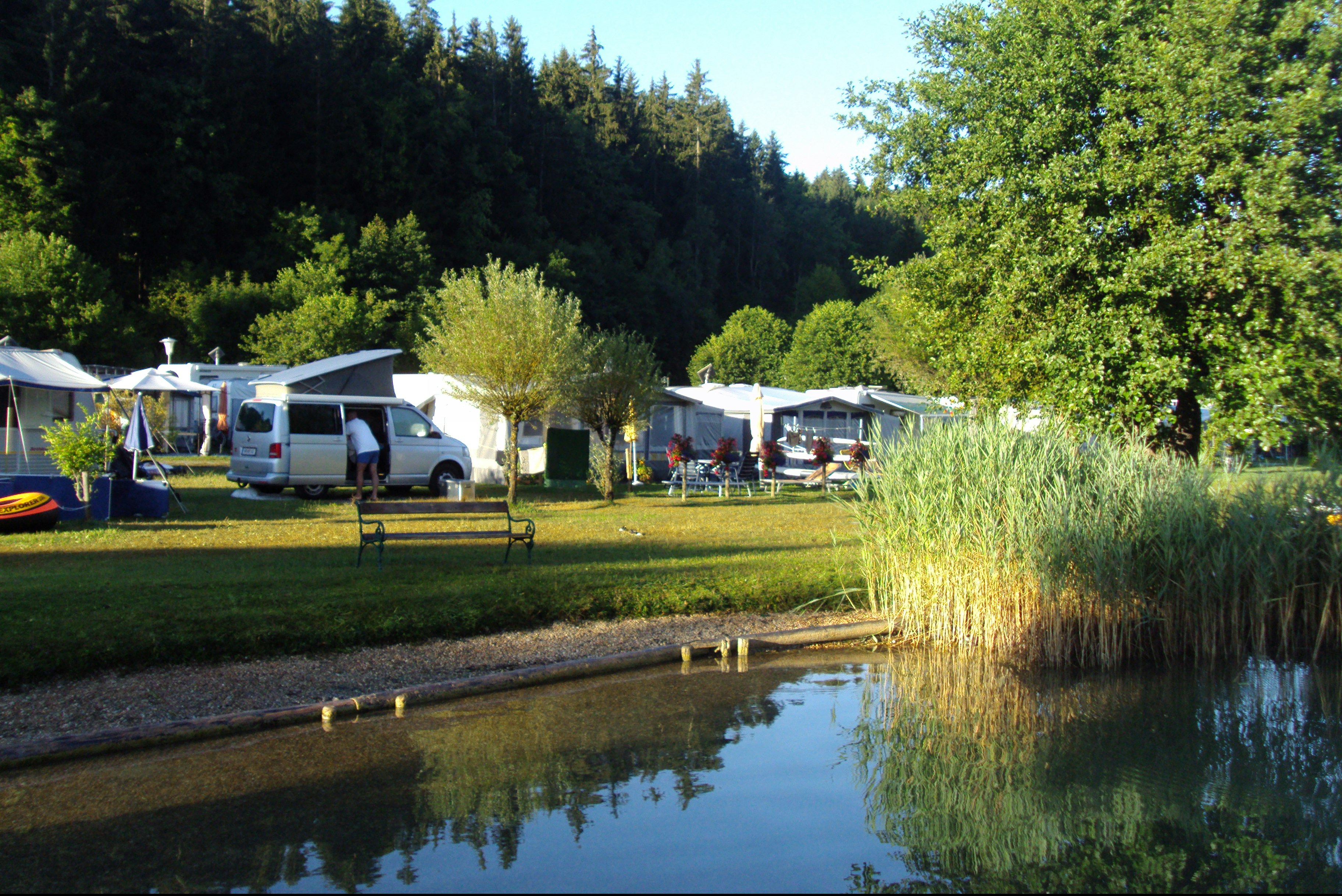 Campingplatz mit Wohnmobilen und Zelten am Seeufer, Rasen und Bäume im Hintergrund.
