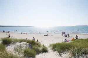 Sandstrand mit Dünen und Strandbesuchern, im Hintergrund ruhiges Wasser und eine weite Küstenlinie.