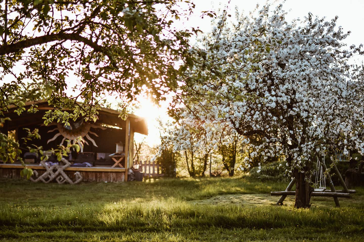 Sunny Nights Camping - Garten auf dem Campingplatz mit blühenden Bäumen, Schaukel und einem Pavillon im Hintergrund