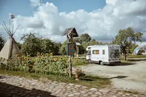 Wohnmobil auf dem Campingplatz neben Sonnenblumenbeet, Zelt und Tipi, im Hintergrund Bäume und Weg.
