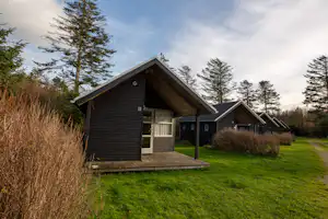 Holzhaus mit Terrasse am Campingplatz, Rasenfläche und Weg, umgeben von Bäumen und Sträuchern.