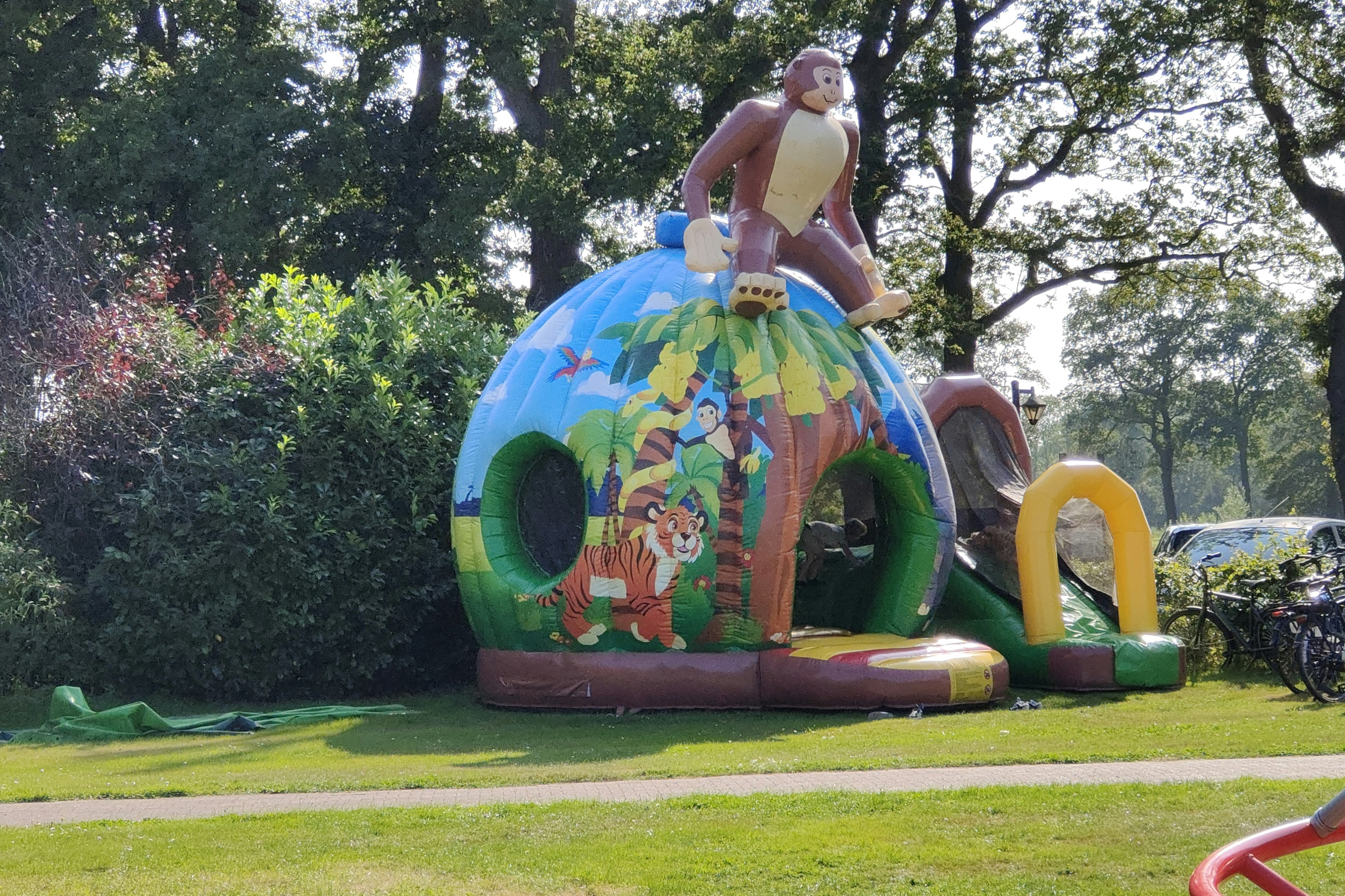 Aufblasbares Dschungel-Spielgerät mit Figuren auf dem Hüpfbereich, umgeben von Bäumen und Rasen auf dem Campingplatz.