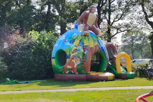 Aufblasbares Dschungel-Spielgerät mit Figuren auf dem Hüpfbereich, umgeben von Bäumen und Rasen auf dem Campingplatz.