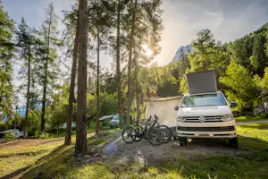 TCS-Camping Scuol - Standplätze zwischen den Bäumen auf dem Campingplatz