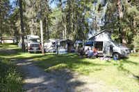 TCS-Camping Scuol - Zeltplatz im Schatten der Bäume auf dem Campingplatz