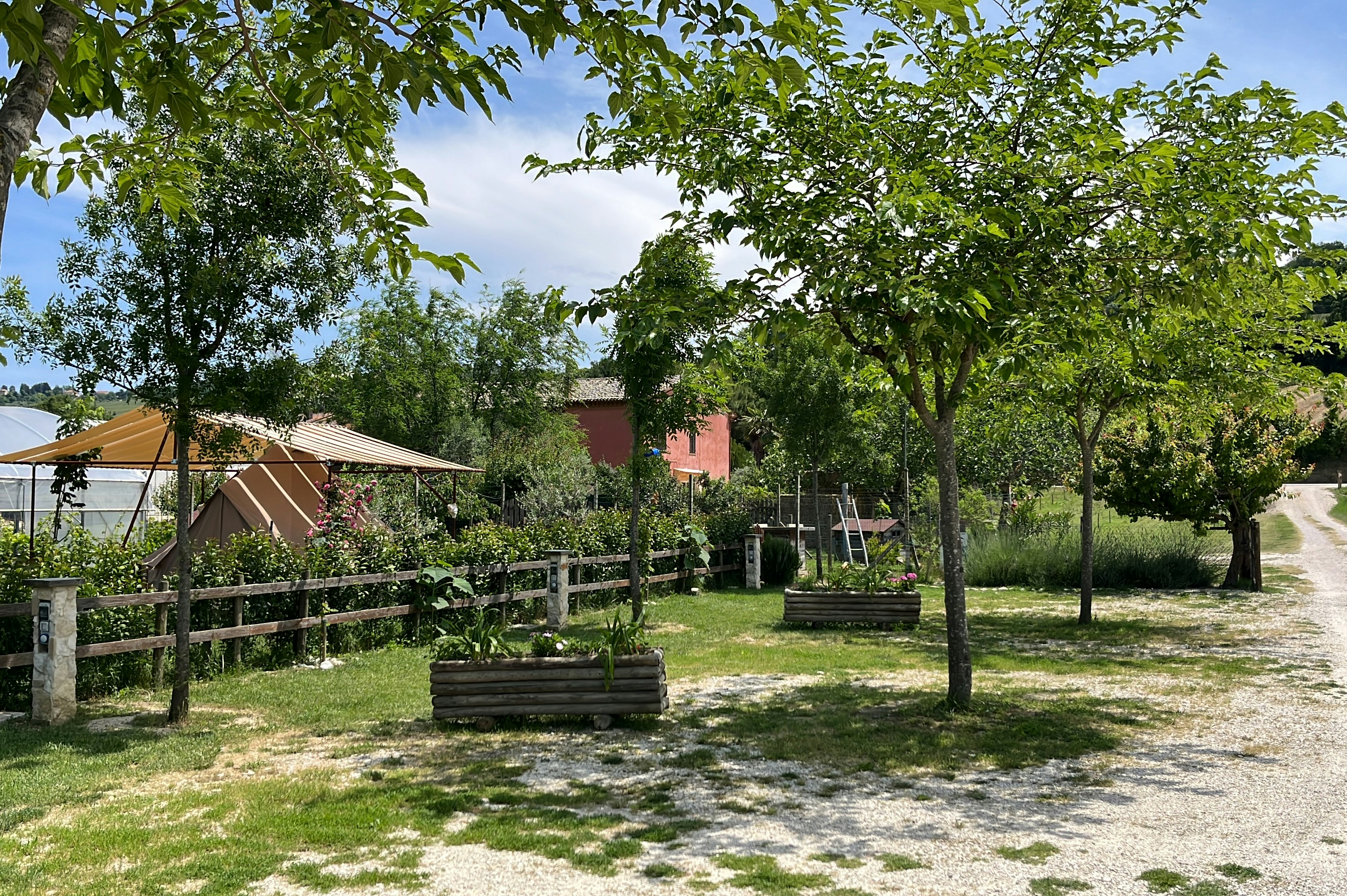 Zelt und Sonnenschirm auf einem Campingplatz im Grünen, umgeben von Bäumen, Hecken und einem Kiesweg.