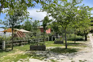 Zelt und Sonnenschirm auf einem Campingplatz im Grünen, umgeben von Bäumen, Hecken und einem Kiesweg.