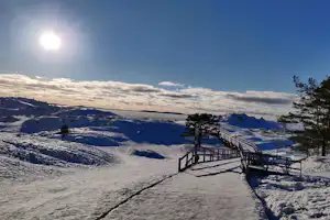 Winterwanderweg auf verschneiter Fläche mit Geländer, Blick auf Berge und Bäume unter klarem Himmel.