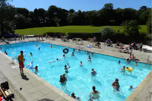 Großes Camping-Schwimmbad mit vielen Liegen, Kinder spielen im Wasser, im Hintergrund Bäume und Rasen.