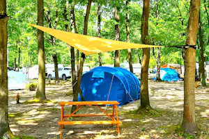 Blaues Zelt im Campingplatz im Wald, davor eine orange Bank, im Hintergrund weitere Zelte und ein Wohnmobil.