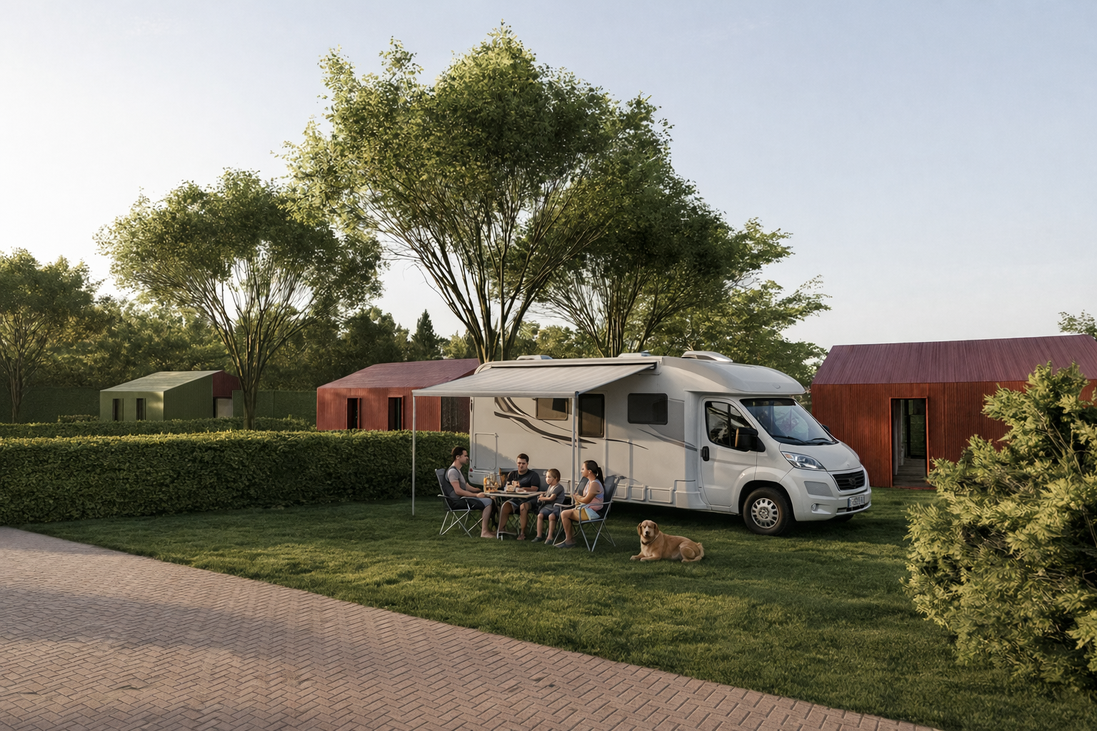Wohnmobil mit Vorzelt auf dem Campingplatz, davor Sitzgruppe und Kinderstühle, im Hintergrund Hecken und Bäume.