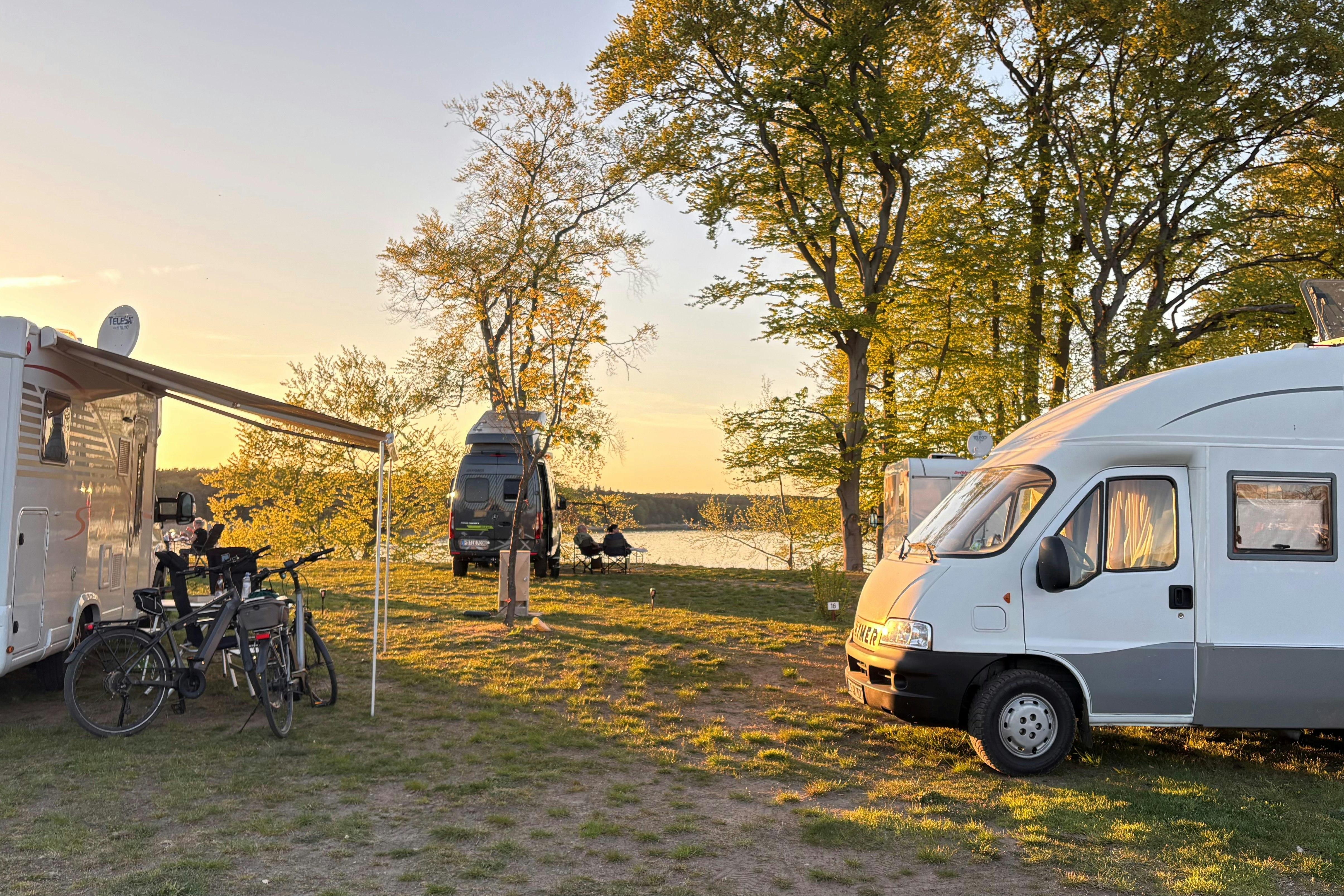 Weißes Wohnmobil auf einem Campingplatz, daneben Fahrräder und ein Vorzelt, im Hintergrund Bäume und Wiese.