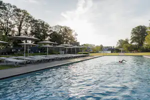 Schwimmbecken mit klarem Wasser, Reihe von Liegen unter Sonnendach und Bäumen im Hintergrund.
