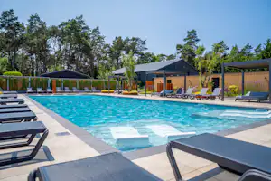 Vakantiepark Molenvelden - Pool im Freien mit Liegestühlen und Sonnenschirmen