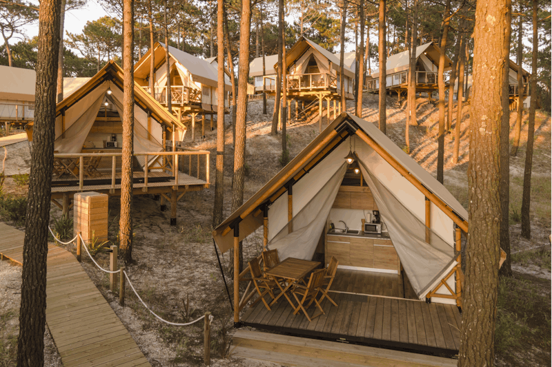 Vale Paraíso Natur Park - Safari-Zelte zwischen den Bäumen im Sonnenaufgang auf dem Campingplatz
