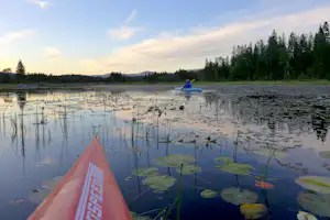 Velfjord Camping & Hytter - Kayak fahrende Camper auf dem See vom Campingplatz bei Sonnenuntergang