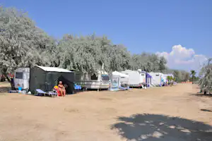 Campingplatz mit Wohnwagen und Zelten auf einem Kiesplatz, umgeben von hohen Bäumen und Sonnenschirmen.