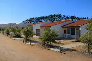 Reihen von Camping-Bungalows mit Terrassen, roten Dachziegeln und Holzschiebetüren, umgeben von kleinen Bäumen und Kieswegen.