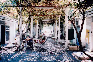 Terrasse unter einer Pergola zwischen Bäumen, mit Sitzbereich, Sonnenschirmen und weißen Wohnwagen-Gebäuden am Campingplatz.