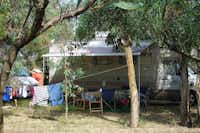 Villaggio Camping Maris - Wohnwagenstellplätze im Schatten der Bäume auf dem Campingplatz