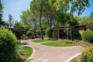 Reihen von Holzbungalows auf einem Campingplatz, mit gepflastertem Weg, Rasenflächen und Bäumen im Hintergrund.