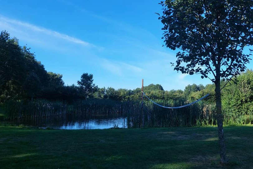 Vodatent @ Camping Emmen - Blick auf den See mit Schilf, umgeben von grüner Wiese und Bäumen