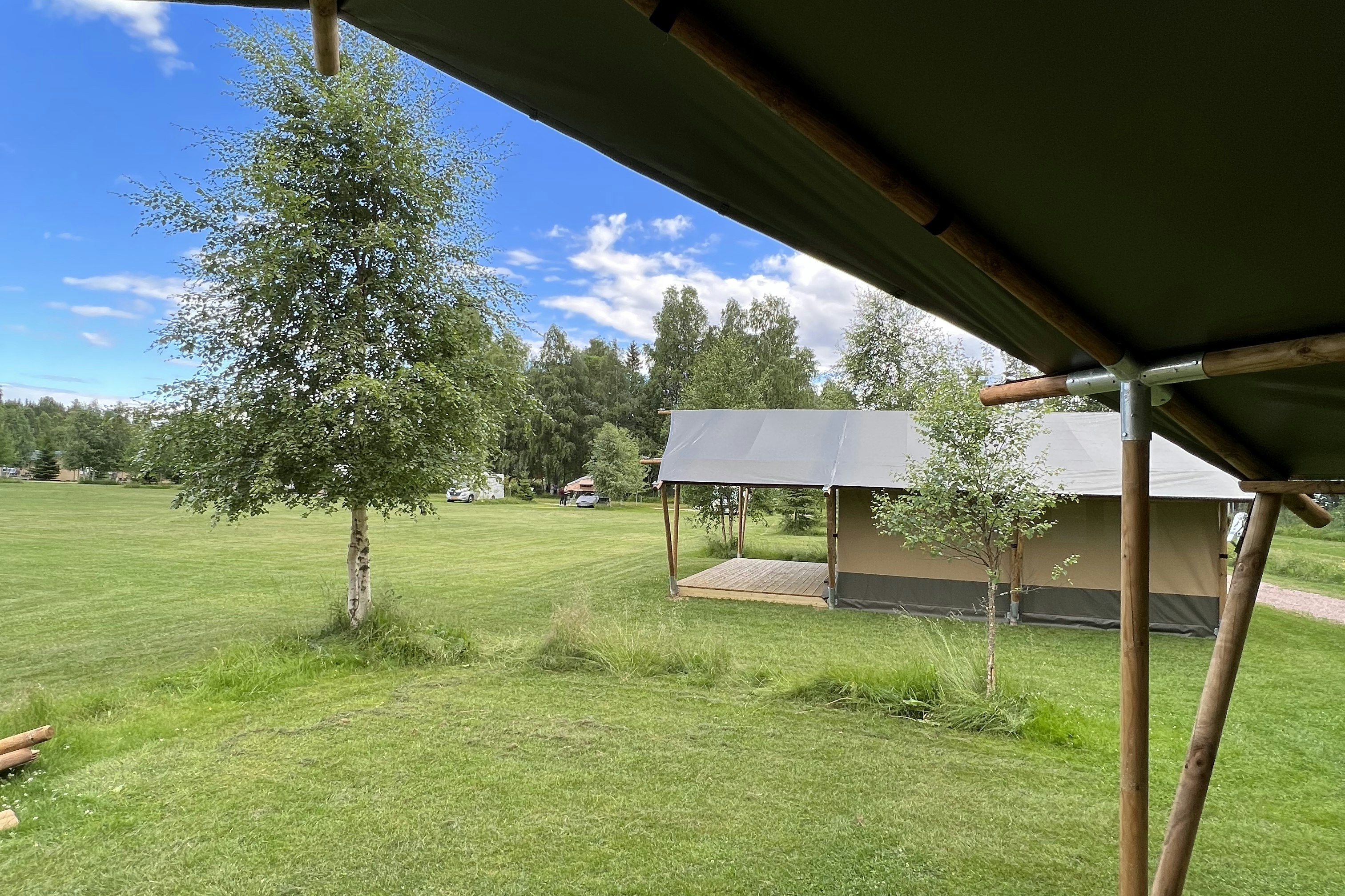 Vodatent @ Camping Yttermalungs - Blick auf die Campingwiese umgeben von Bäumen
