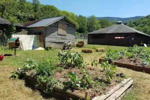 Gemüsebeete im Vordergrund vor Holzschuppen und Stallgebäude, mit Heuballen, Zaun und Bäumen im Hintergrund.
