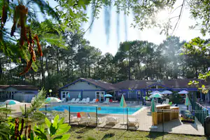 VVF Moliets - Pool im Freien mit Liegestühlen und Sonnenschirmen