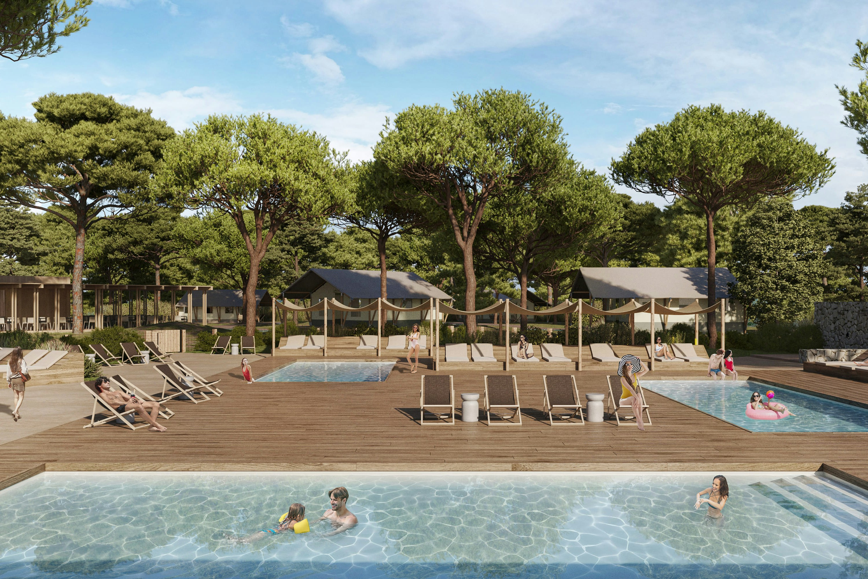 wecamp Cádiz  - Pool im Freien mit Liegestühlen und Sonnenschirmen