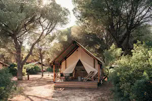 Glamping-Zelt auf Holzplattform im Wald, mit Sitzbank, Tisch und Küchenzeile, umgeben von Bäumen und Wegen.