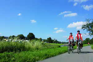 Weserbergland-Camping - Camper fahren auf Fahrrädern entlang der Weser beim Campingplatz