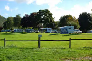 Wohnmobile und Caravans auf einer grünen Campingwiese, umgeben von Bäumen und einem Zaun im Hintergrund.