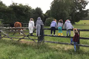 Familie steht am Holzzaun im Grünen, Kinder schauen auf die Wiese und den Pferdebereich im Hintergrund.