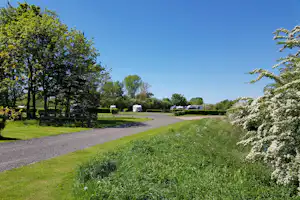 Campingplatz mit Kiesweg, Rasenflächen und Wohnwagen auf Stellplätzen, umgeben von Hecken und Bäumen.