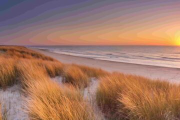 Dünen und Strand bei Sonnenuntergang auf der Insel Texel,